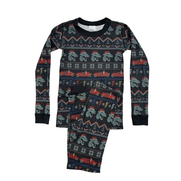 HANNA ANDERSSON Dinosaur Holiday Fair Isle Long Johns Pajama Set Sz 130 8 Stripe - Picture 1 of 6